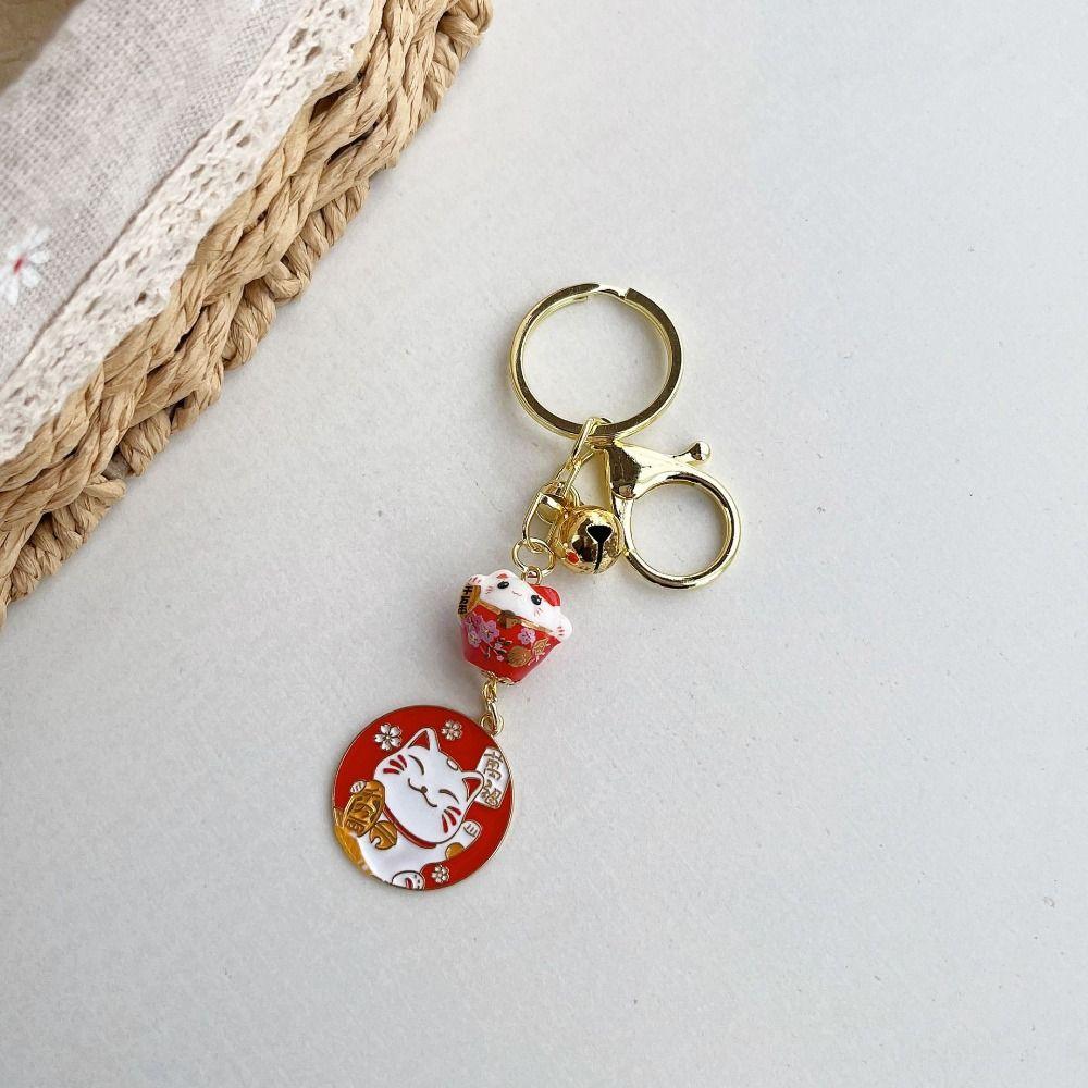Small Bell Maneki Neko Pendant Japanese Style Car Keyring Cute Ceramic Cat Keychain Children Gifts