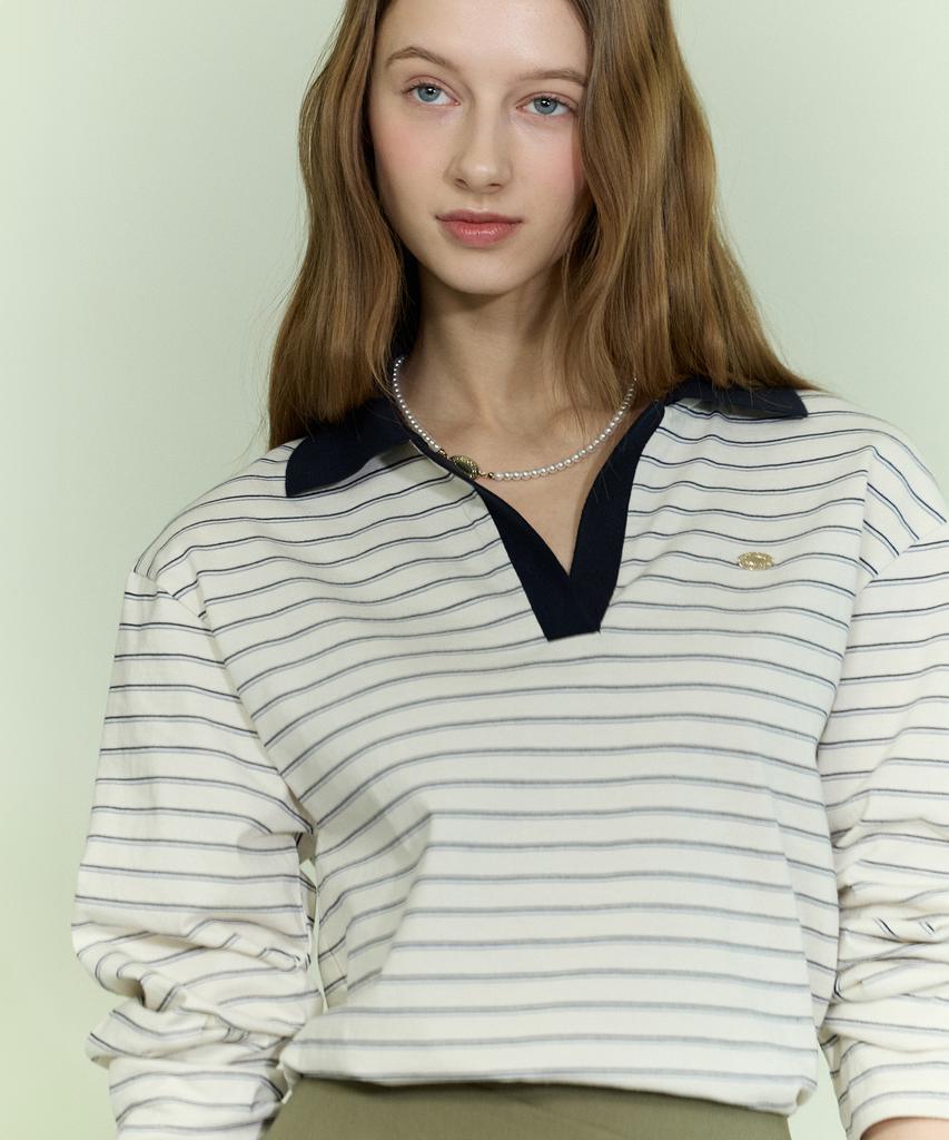 NONLOCAL Open Collar Stripe Long Sleeve - Navy