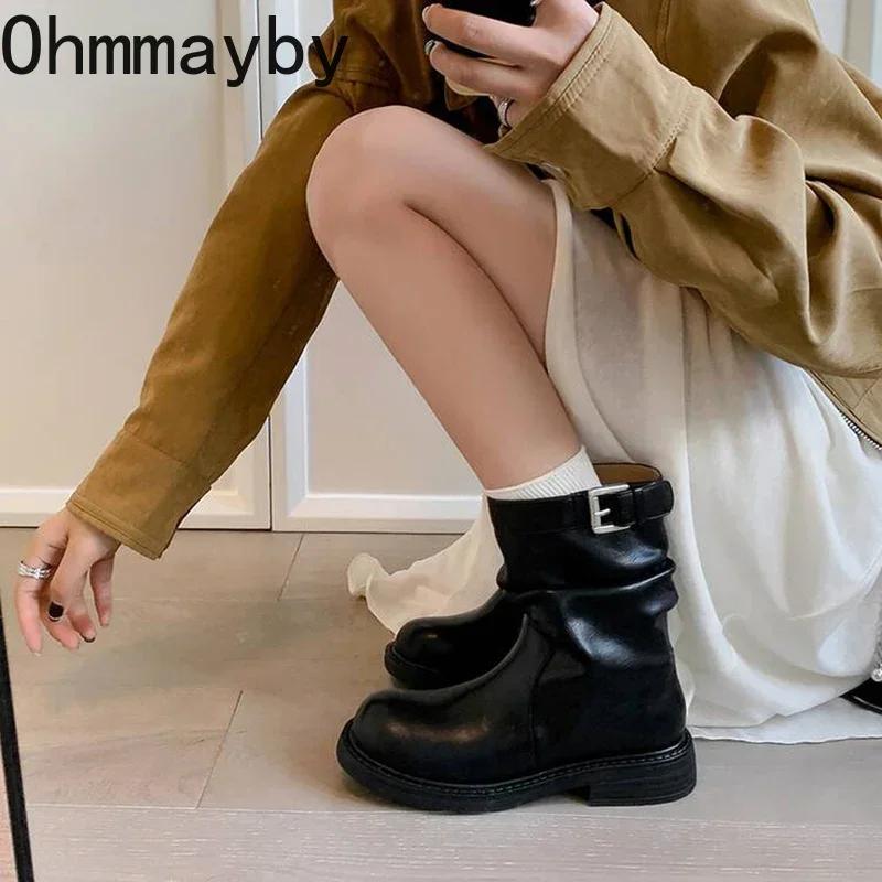Fashion Low Heel Women Western Cowgirl Boots Fashion Slip On Belt Buckle Shoes Retro Style Autumn Winter Ladies Knight Short Booties