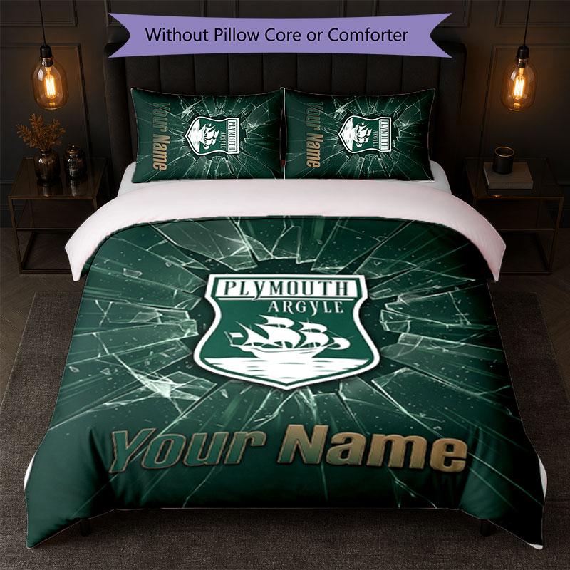 Plymouth Argyle FC Custom Name Text Bedding Set 1 Duvet Cover+2 Pillowcases Soccer Logo Personalized Gift For Special Occasion Bedroom Decor