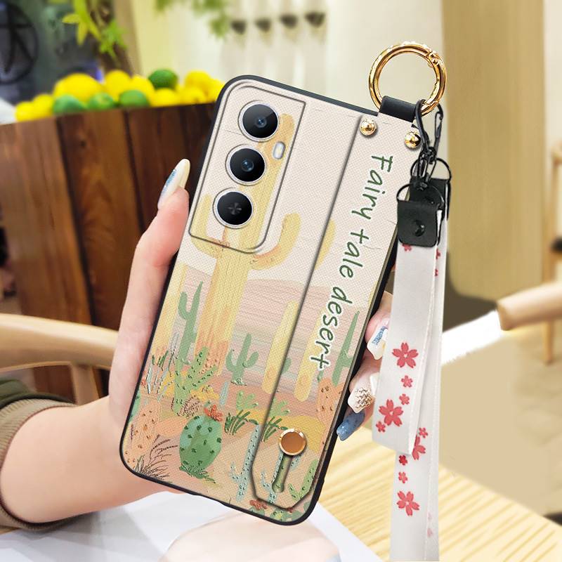 Phone Holder Durable Phone Case For Realme C65 Oil Painting Anti-dust Flower Silicone Shockproof Wristband Waterproof