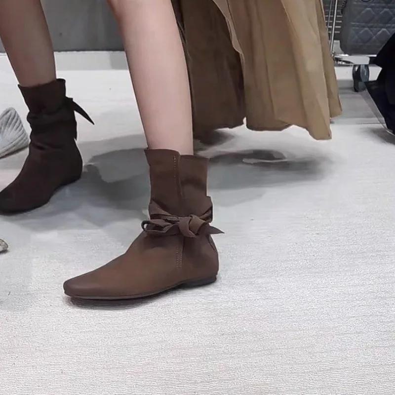 Women Leather Boots Handmade High Quality Flats Army Green Short Boots with Strap Bow-tie Shoes Autumn Winter