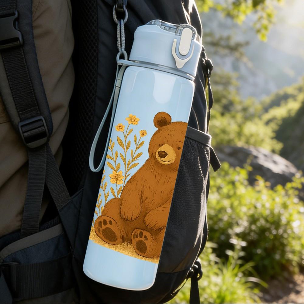 1PC Forest Brown Bear Illustration 750ml Color Plastic Sports Water Bottle Leakproof Flip Straw Lid Suitable for Sports Office Home Use
