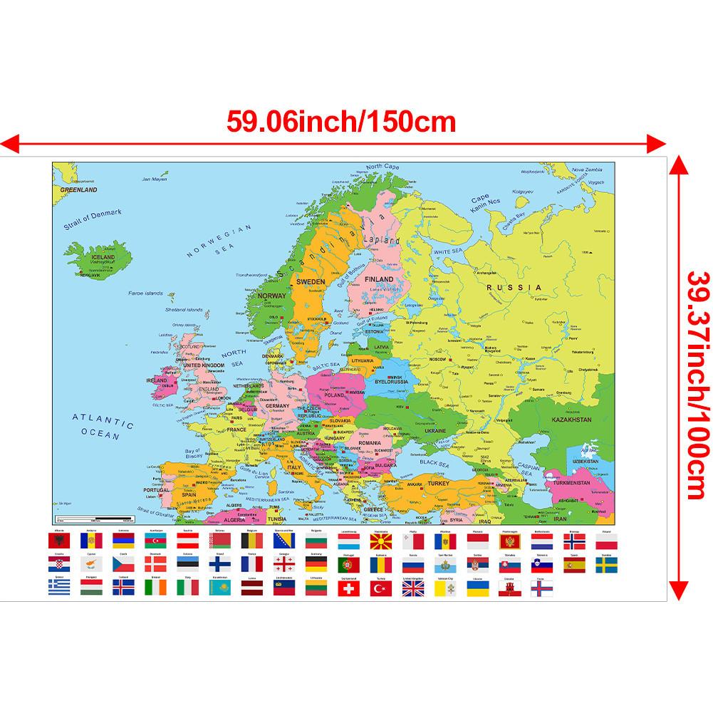 Карта Европы - Политическое распределение - с флагами, Образовательный плакат для домашнего офиса, Путешествия/Образовательные принадлежности