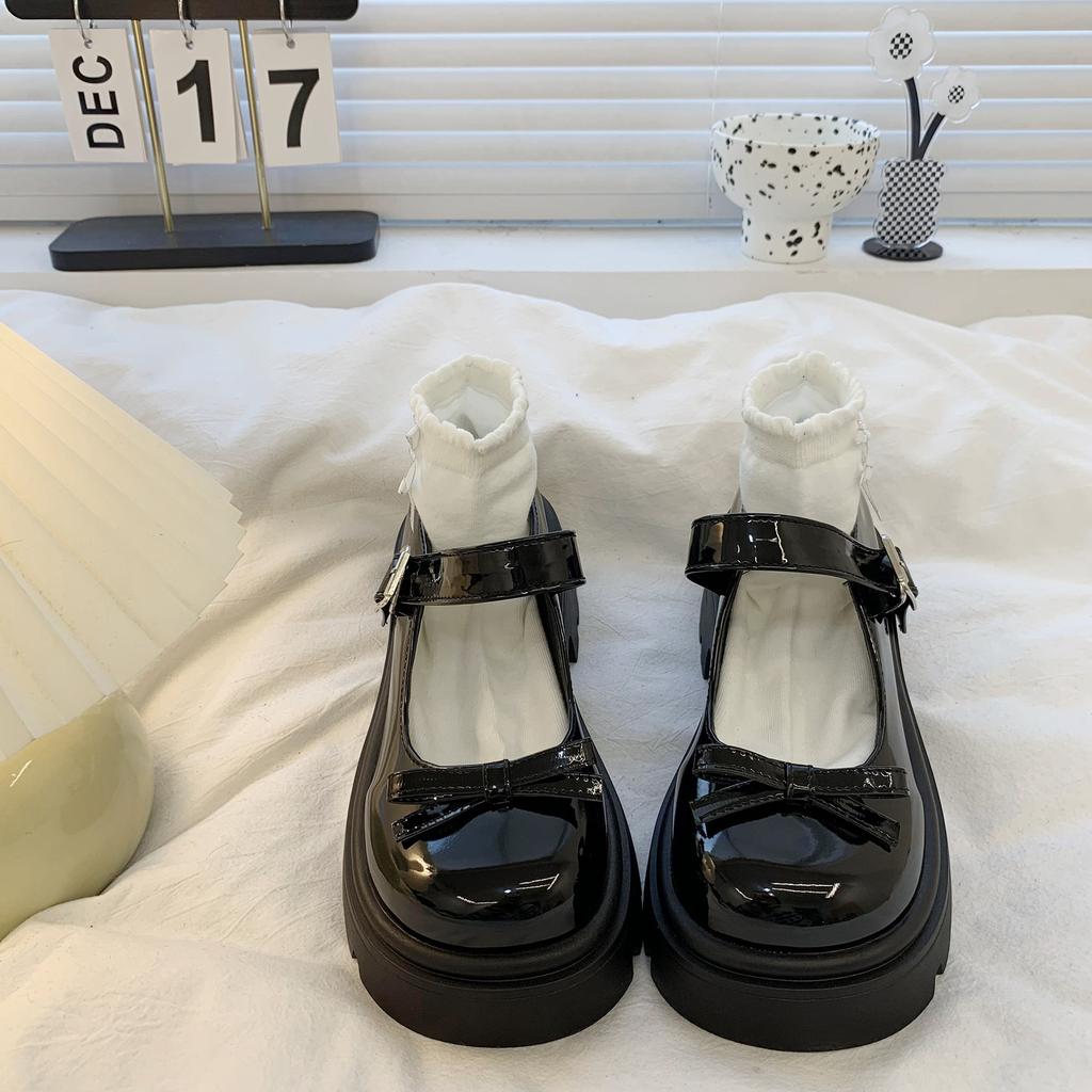 Thick-soled Mary Jane Small Leather Shoes for Women's British Style 2025 New One-word Mouth with Bow, Light Mouth Single Shoes for Women