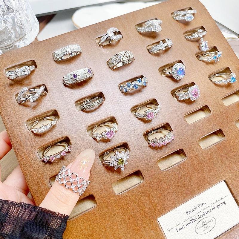 Sweet Light Luxury Zircon Super Flash Exquisite Open Ring Niche High-End Sense Stacking Wearing Colored Treasure Ring Women'S Model