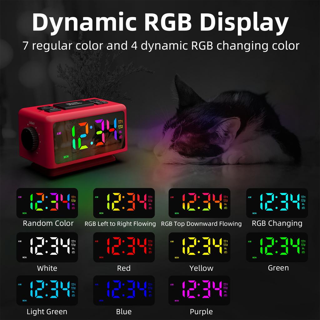 Colorful Digital Alarm Clock with 7 Colors and 4 Color Changing 5""  Dimmable Large LED Display