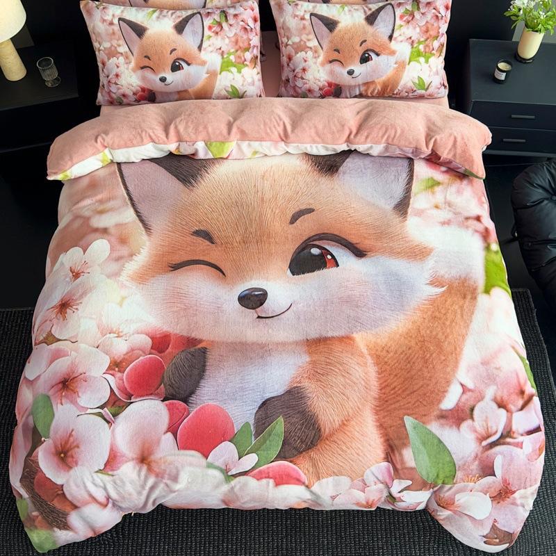 Четырехпредметный комплект из молочного флиса, большая версия, цифровая печать, милый мультяшный, одинарный, двуспальный пододеяльник, комплект из трех предметов с шапкой для кровати