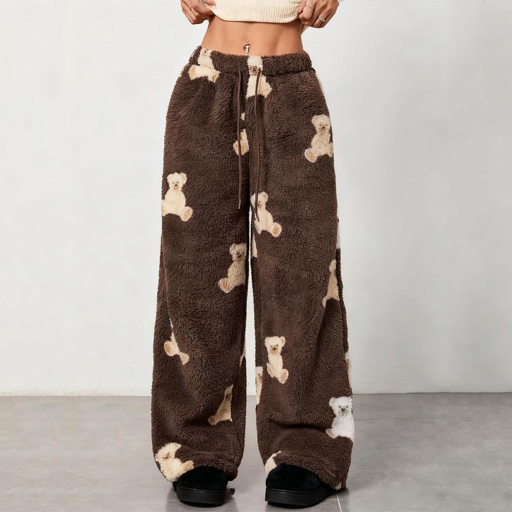 Women's Cute Bear Plush Pajama Pants Wide Leg Plush Casual Pants