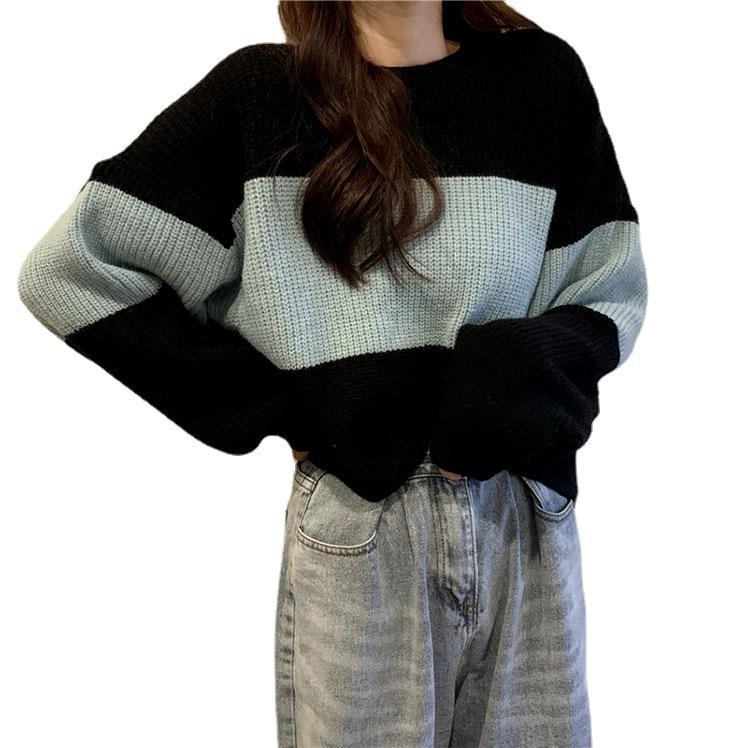Женский полосатый свитер в стиле колор-блок — свободный ретро-пуловер на весну и осень