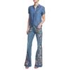 Women Embroidery Destoryed Flare Jeans Button Waist Bell Bottom Denim Pants