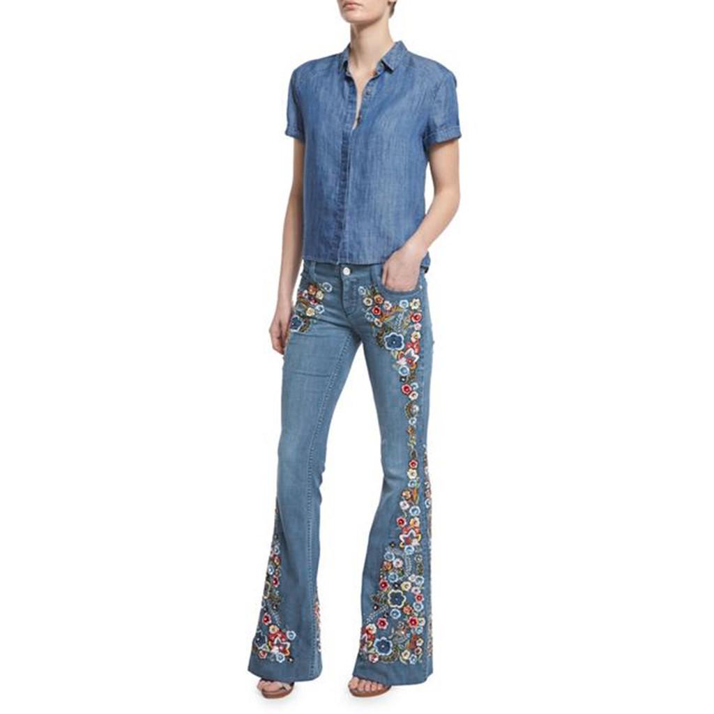 Women Embroidery Destoryed Flare Jeans Button Waist Bell Bottom Denim Pants