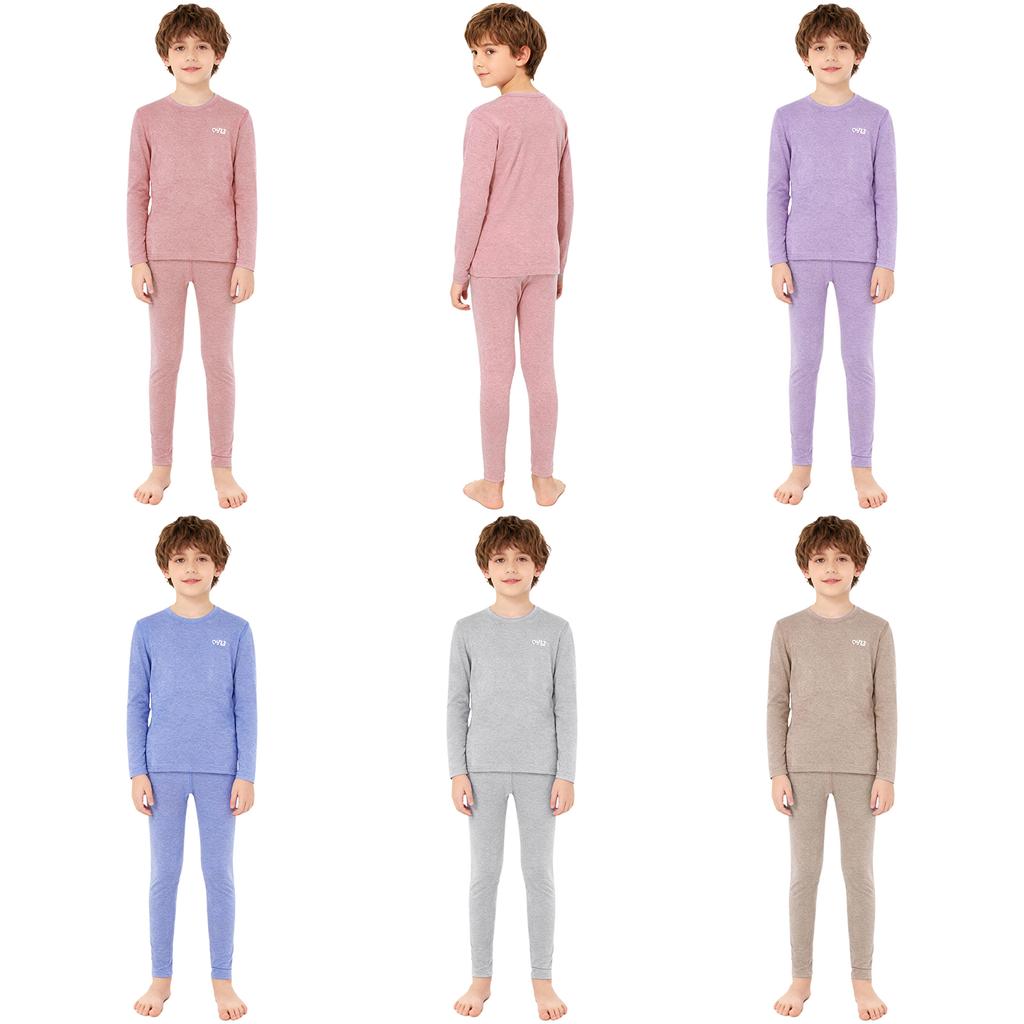 Unisex Kids Thermal Underwear Set Round Neck Long Sleeve Top Elastic Waistband Leggings Lightweight Nightwear