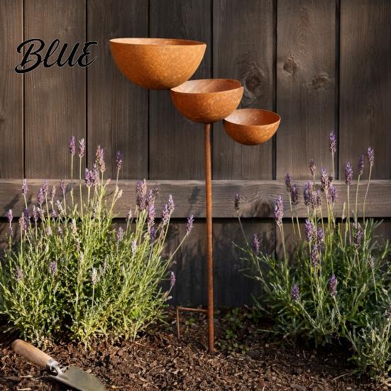 Rustic Iron Garden Decor 3 Tiered Cascading Rain Catcher Bird Bath Metal Stake Water Outdoor Feeder Stand Bowl Feeder Pollinator Watering