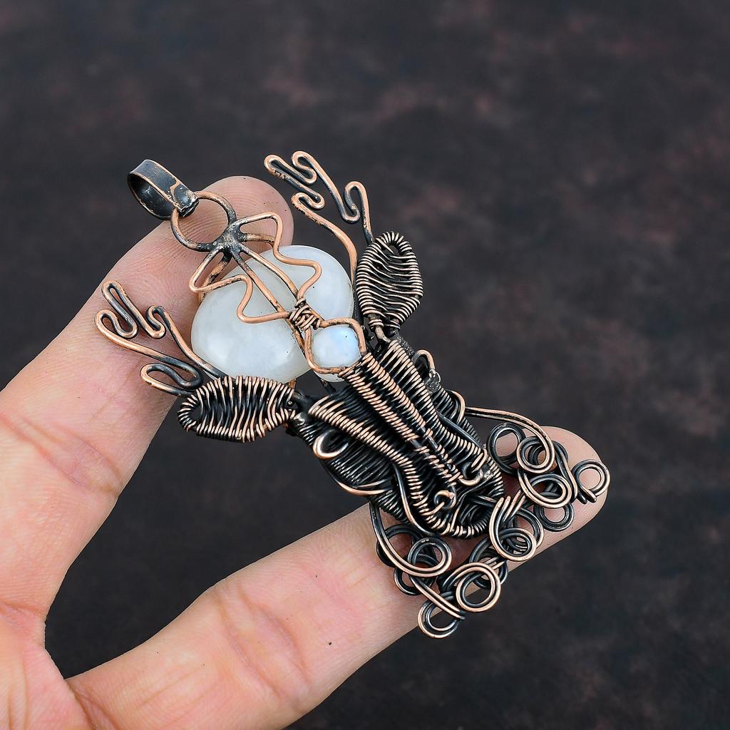 Подвеска из радужного лунного камня, подвеска из медной проволоки, ювелирное украшение в виде лица оленя, подвеска из драгоценного камня ручной работы, красивые медные украшения, подарки на помолвку