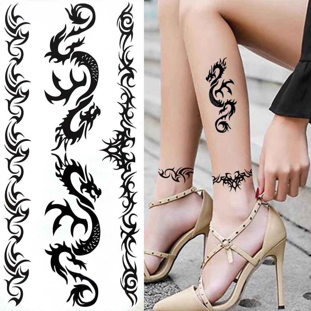 Черный Племенной Браслет из Ротанга Временные Татуировки Для Женщин Взрослых Реалистичные Татуировки Дракона Скорпиона Крест Креста Поддельные Наклейки Татуировки