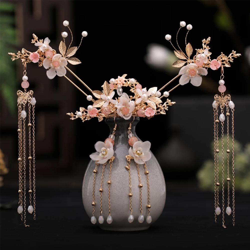 Women Girls Handmade Long Tassel Fashion Chinese Earrings Hair Comb Headwear Sets Hanfu Hair Stick