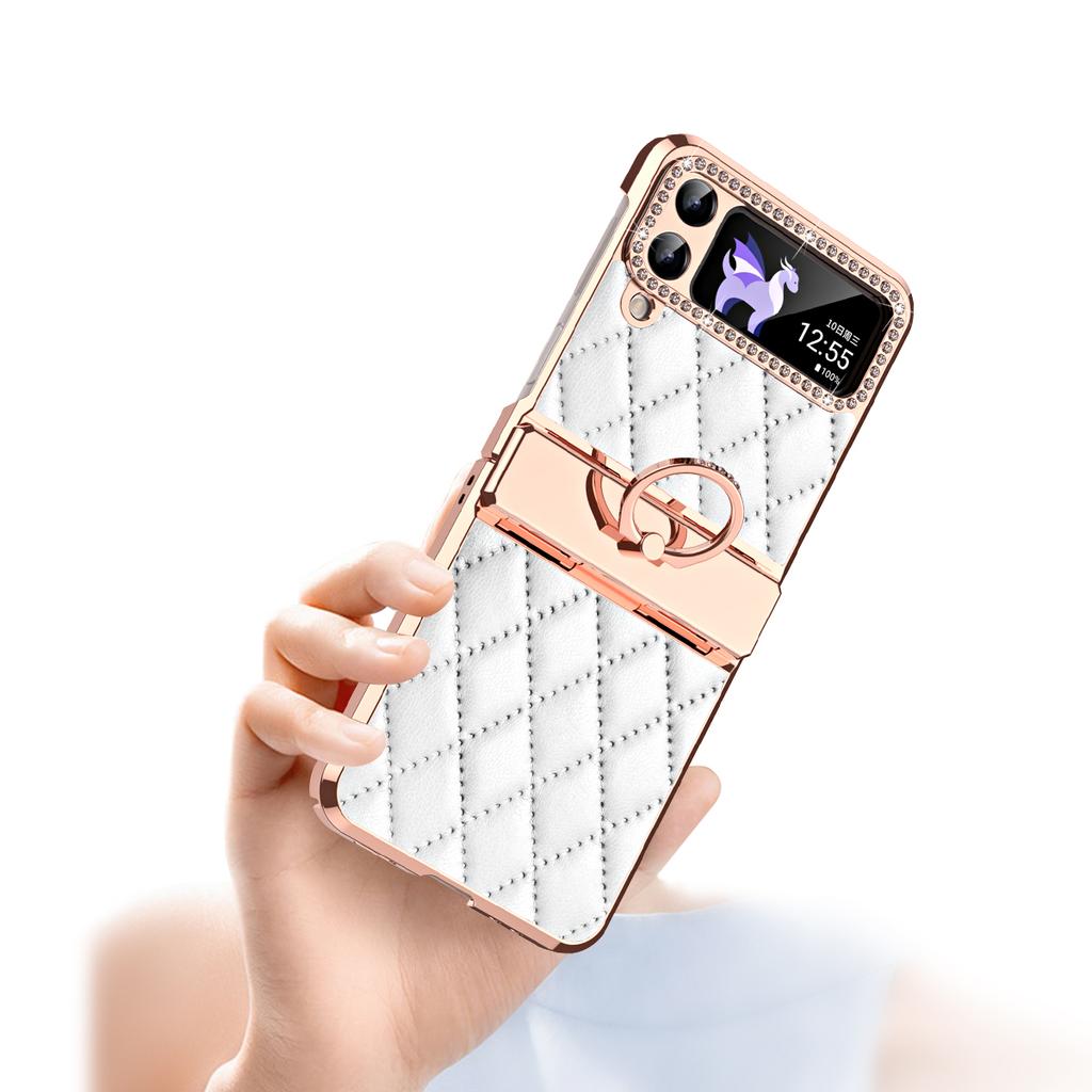 RENGZ Diamond Plating Leather Hinge Protection Case For Samsung Galaxy Z Flip 6 5 4 3 Folding Ring Holder Cover for Flip5 Flip4