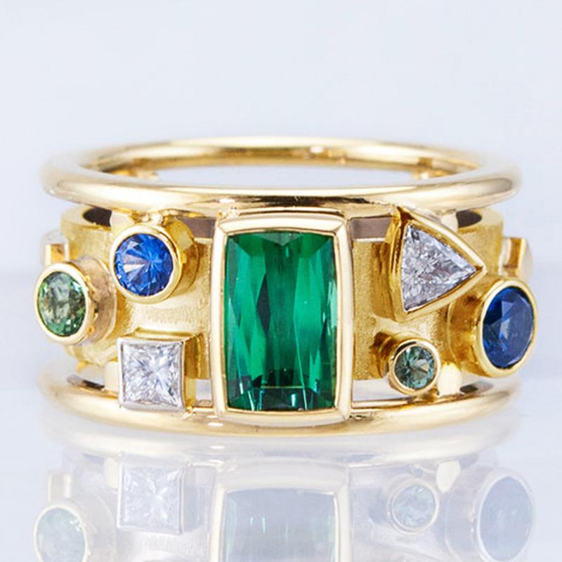 Huitan Fashion Luxury Gold Color с геометрическим цветным CZ-камнем, новый дизайн, женские обручальные кольца, ювелирные изделия, новое поступление