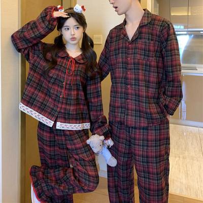 Корейский Рождественский Пижамный Комплект в Клетку с Кружевной Отделкой для Пары с Воротником Питер Пэн и Длинными Рукавами