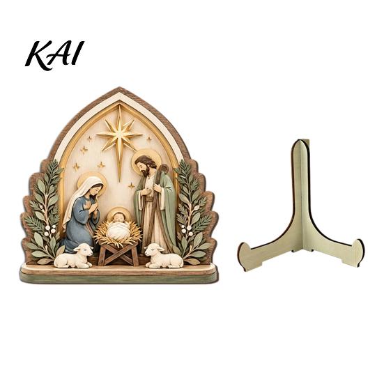 Traditional Holiday Table Centerpiece Nativity Scene Wooden Tabletop Sign, Christmas Manger Holy Family Figurine Decor, Home Accents Religious