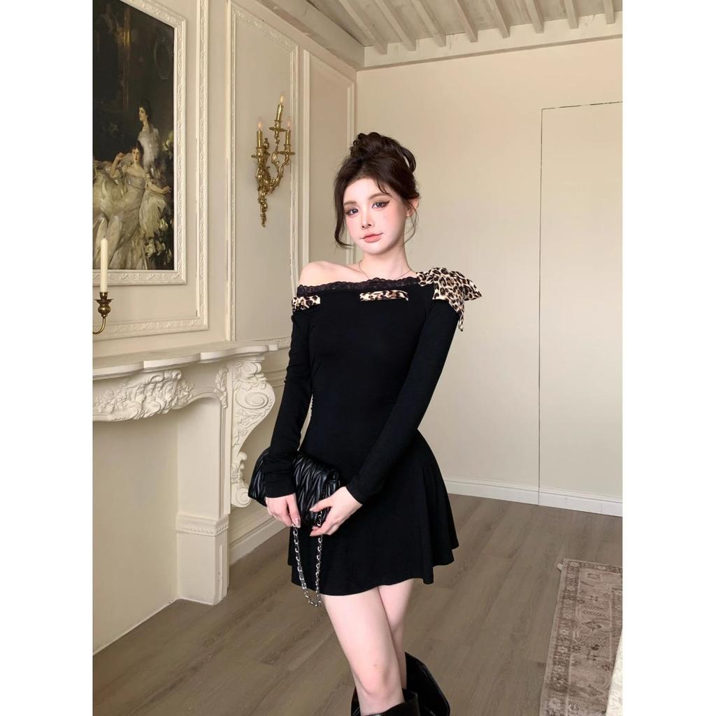 Осеннее кружевное леопардовое принтовое платье с длинным рукавом и диагональной строчкой на плечах, черное чистое платье Desire с завышенной талией, короткие платья American Spice Girl