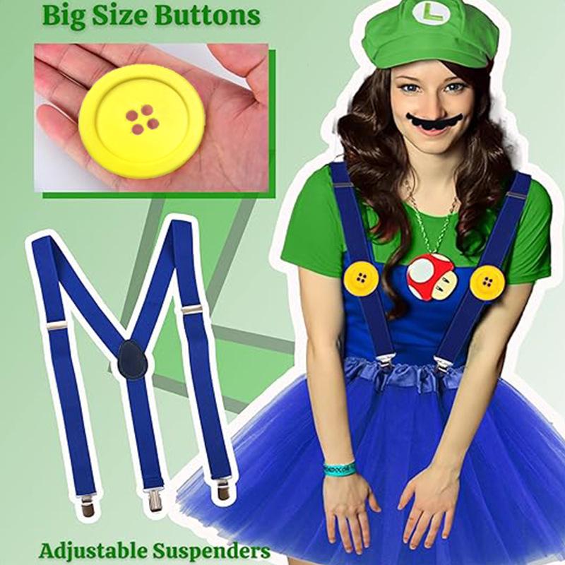 Green Mario Costume Set: Hat, Dress, Gloves, Mustache, Suspenders