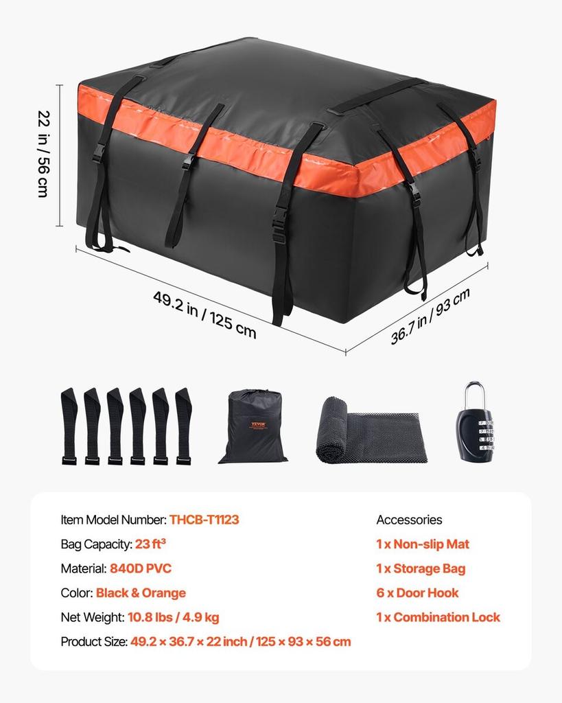 Car Rooftop Cargo Carrier Bag 23 Cubic Feet 840D PVC Car Roof Luggage Bag