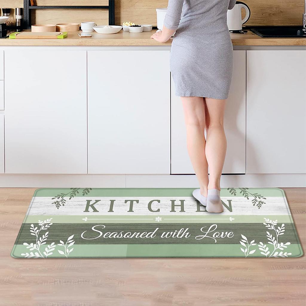 Farmhouse Green Tone Long Floor Mat Vintage Wooden Grain Foliage Text Design Non‑slip Stain‑resistant Kitchen Runner Rug