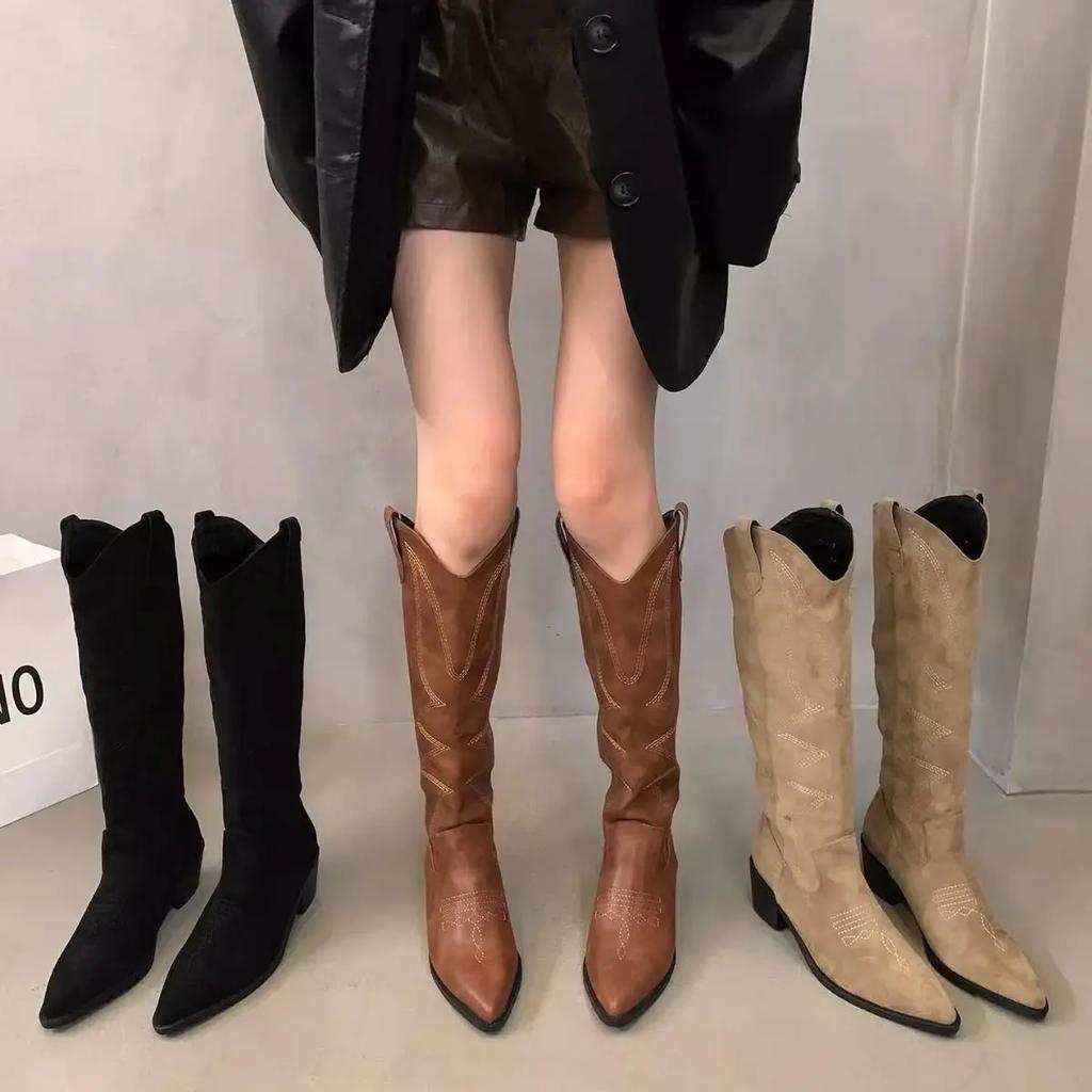 Fashion Woman Cowgirl Boots Fashion Slip On Ladies Elegant Square Low Heel Knee High Boots Shoes Women's Winter Footwear