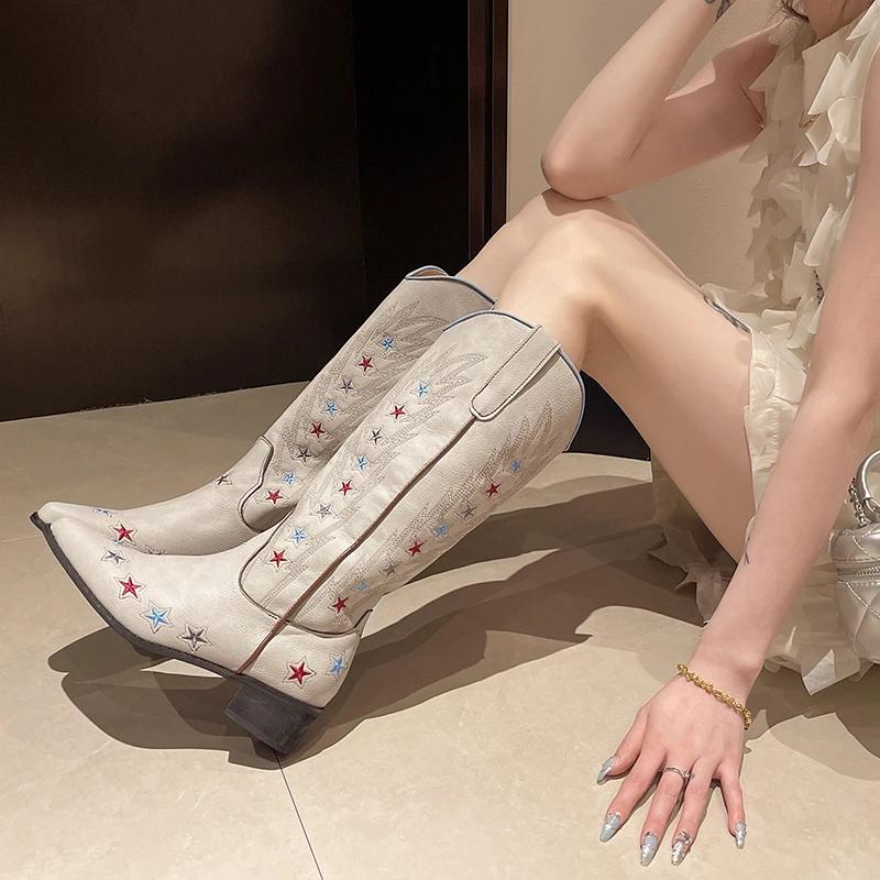 New Style Fashion Retro Boots Embroidered Pointed Western Cowboy Cowgirl Boots Women's Thick Heel High Boots Shoes Women