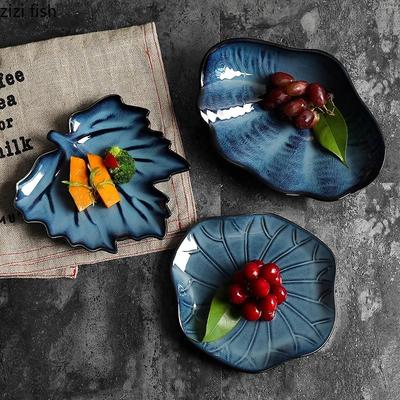 Синяя керамическая тарелка Killn Changes, японская ракушка из кленового листа, тарелка с листьями лотоса, фруктовая тарелка, десертные тарелки, салатные тарелки, тарелки для закусок