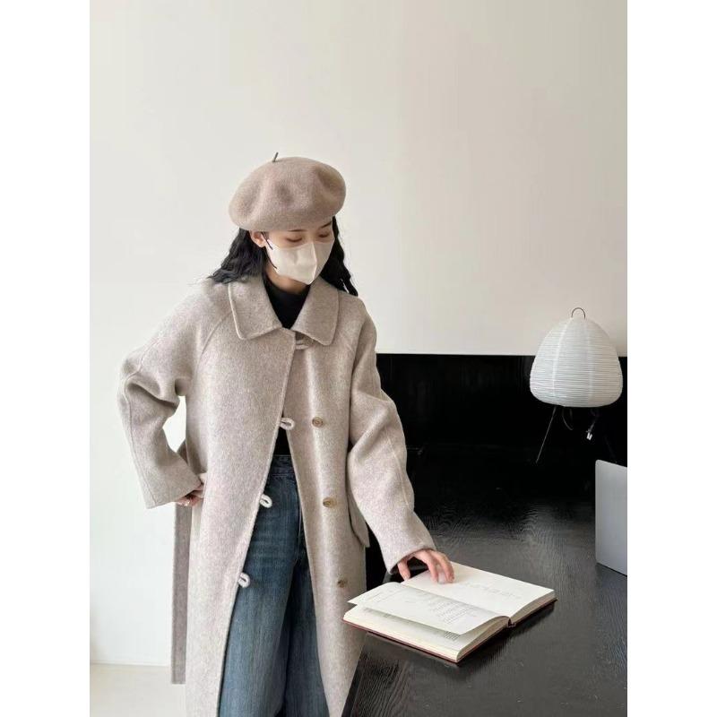 Baby Doll Collar Single-breasted Double-sided Wool Coat for Women Long Plate Buttoned Off Shoulder Sleeves Double-sided Cashmere Plus