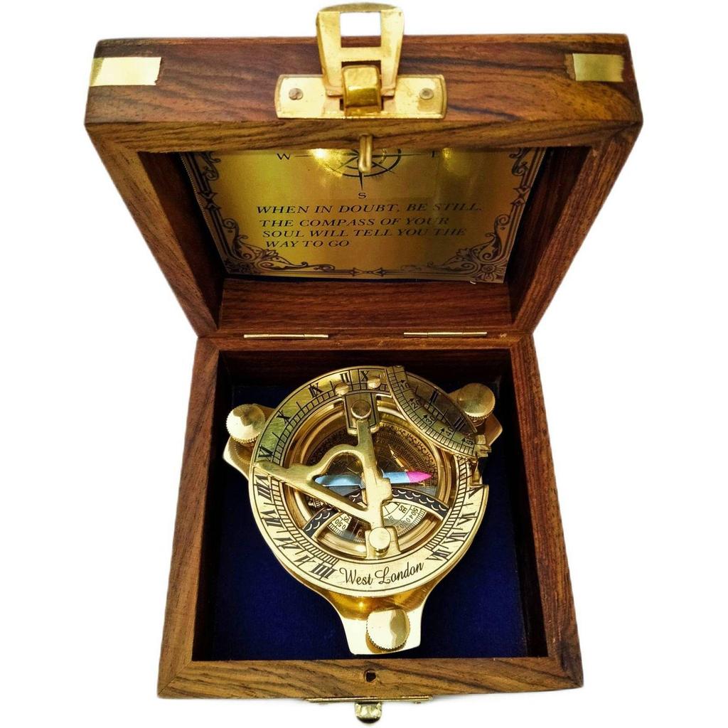 India Brass Sundial Compass With Wood Box Collectible Gift Compass (Gold, Brown)