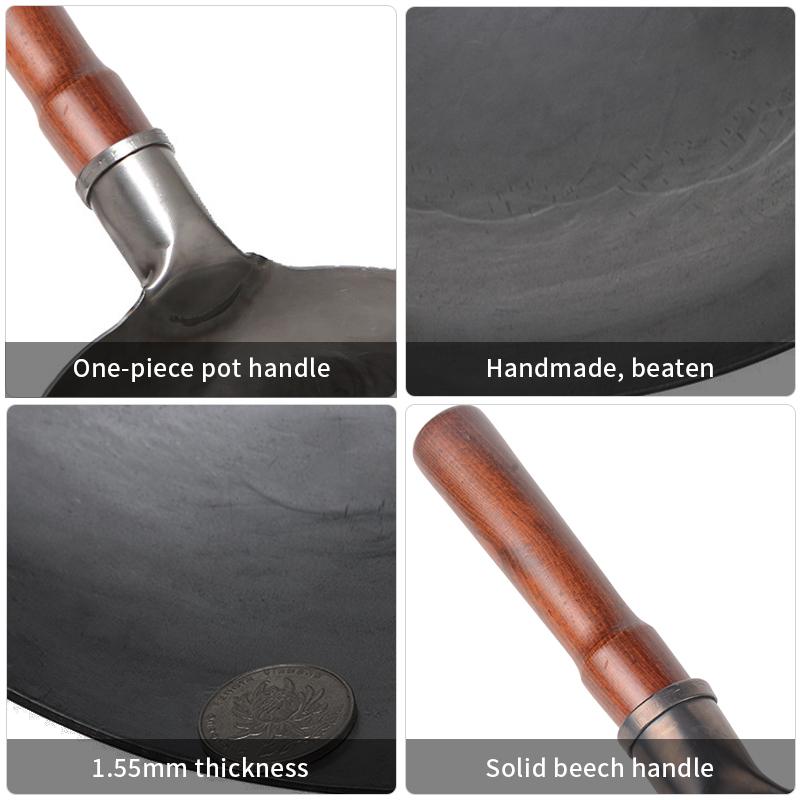 Железный вок 30/32 см Китайский традиционный железный вок со съемной деревянной ручкой Сковорода Железный горшок без покрытия Антипригарная сковорода Газовая плита