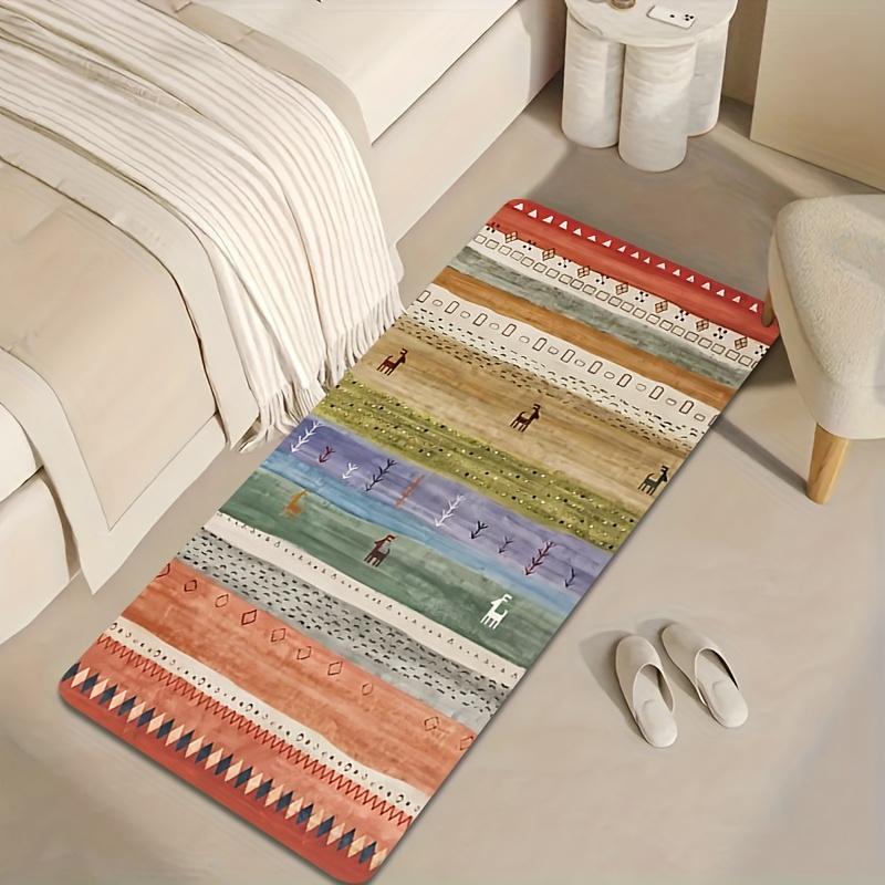 Vintage Pastoral Multi-color Stripe Deer Pattern Long Floor Runner Rug, washable soft mat, boho tribal decor for indoor entryway