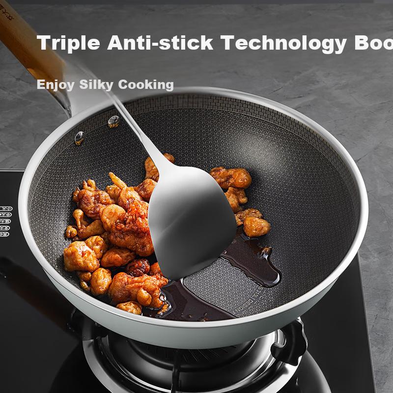 COOKER KING Wok, 316L Stainless Steel Frying Pan, Non-Stick Flat Bottom Stir-Fry Pan 32cm, Visible Lid, Suitable for All Stoves