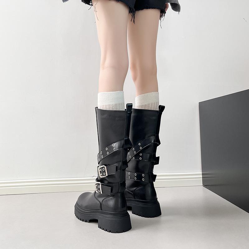 Сапоги с широким голенищем, толстой подошвой и пряжкой-ремнем, женские, новые 2025, панк, британский стиль, толстый каблук, увеличивающие рост, сапоги-рыцари, высокое голенище