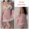 Soft Pajamas Women Sexy V Neck See-through Mesh Feather Ladies Suspender Nightgown Nightgown Uniform Set