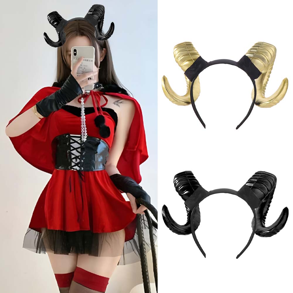 Realistic Halloween Devil Headband Artificial Goat Horn Hair Hoop Black Demon Horn Headwear  Stage