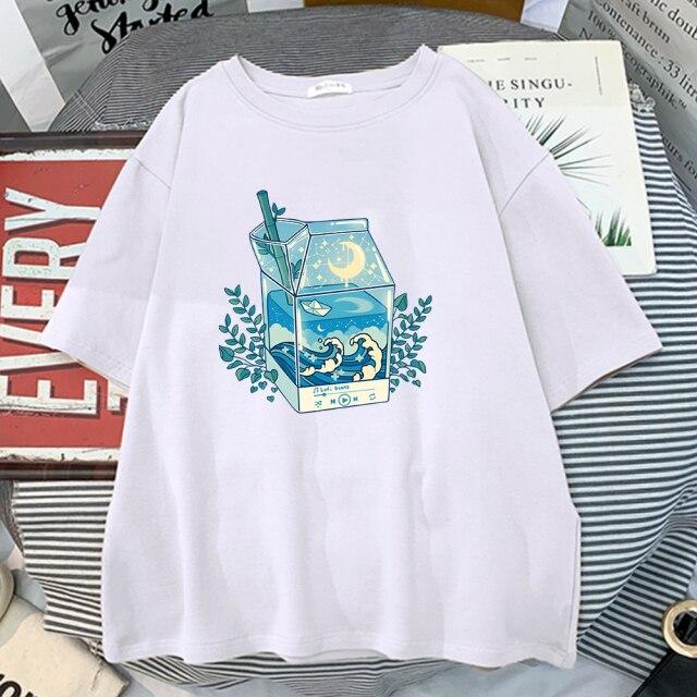 Молочная коробка, футболки с принтами лунного света и волн, женская модная футболка большого размера, ретро футболка с круглым вырезом, уличная одежда, женская футболка большого размера