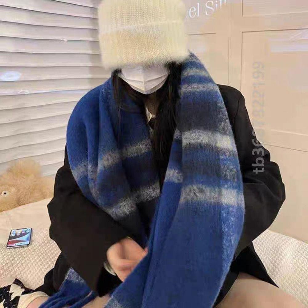 Plush Plaid Wool Scarf Tassel Cape Wraps Simple Winter Cashmere Scarves  Student