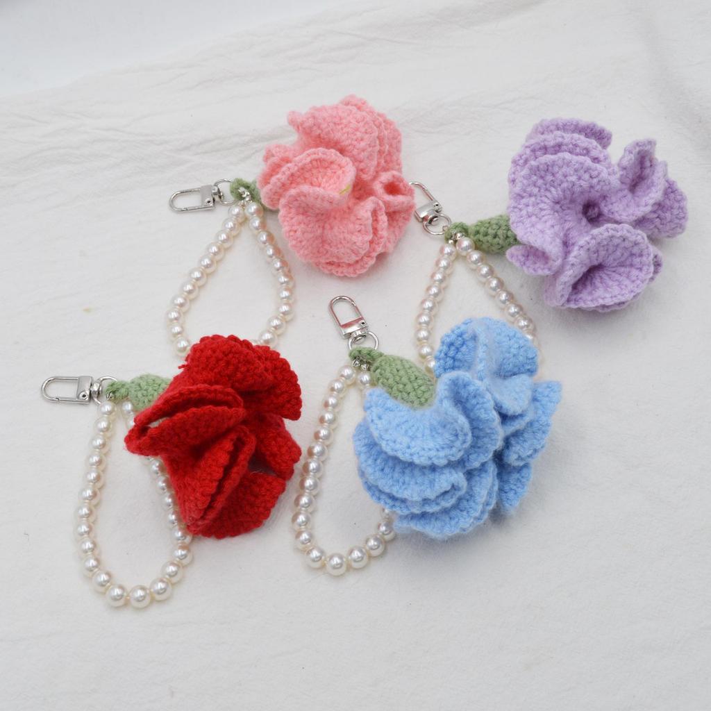Korean-Style Pearl Chain Crochet Carnation Keychain - Mother's Day Gift Accessory