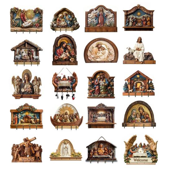 Деревянная христианская ключница 2D плоская Иисус Причастие Арт брелок-подставка с 4 крючками Религиозная настенная ключница для прихожей Домашний декор