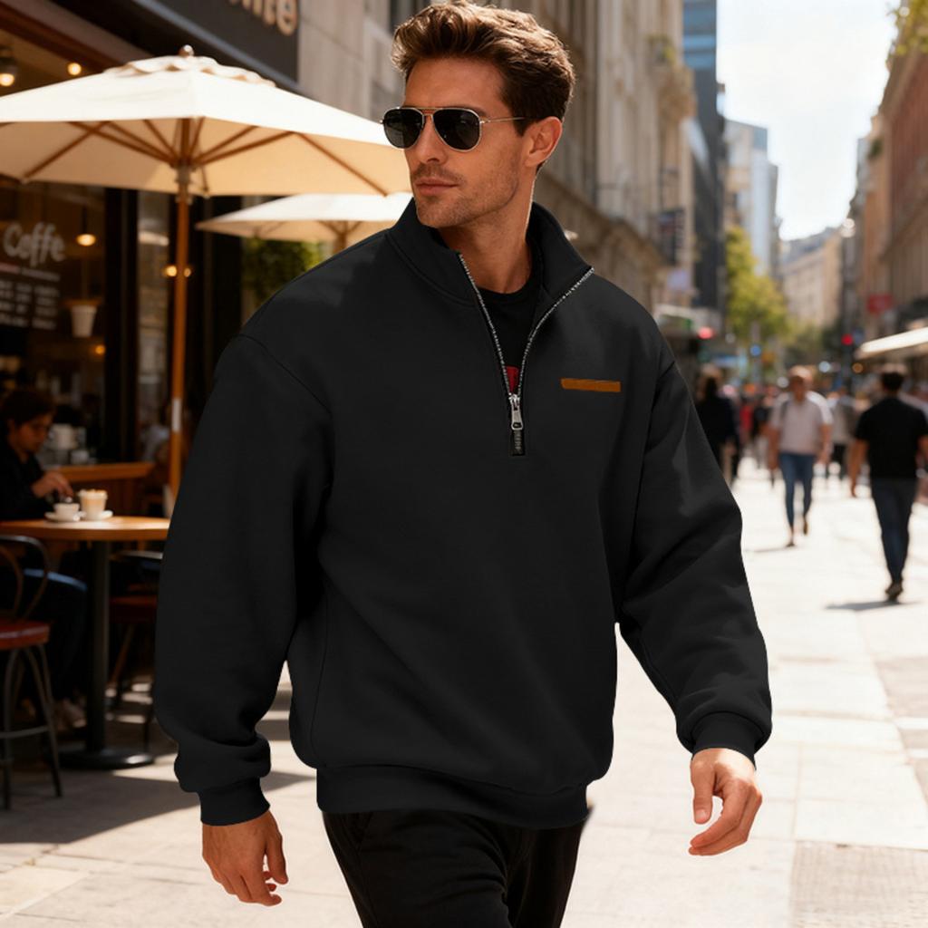 Men's Casual Loose Solid Color Outdoor Fleece Half Zip Stand Up Collar Pullover Hoodie