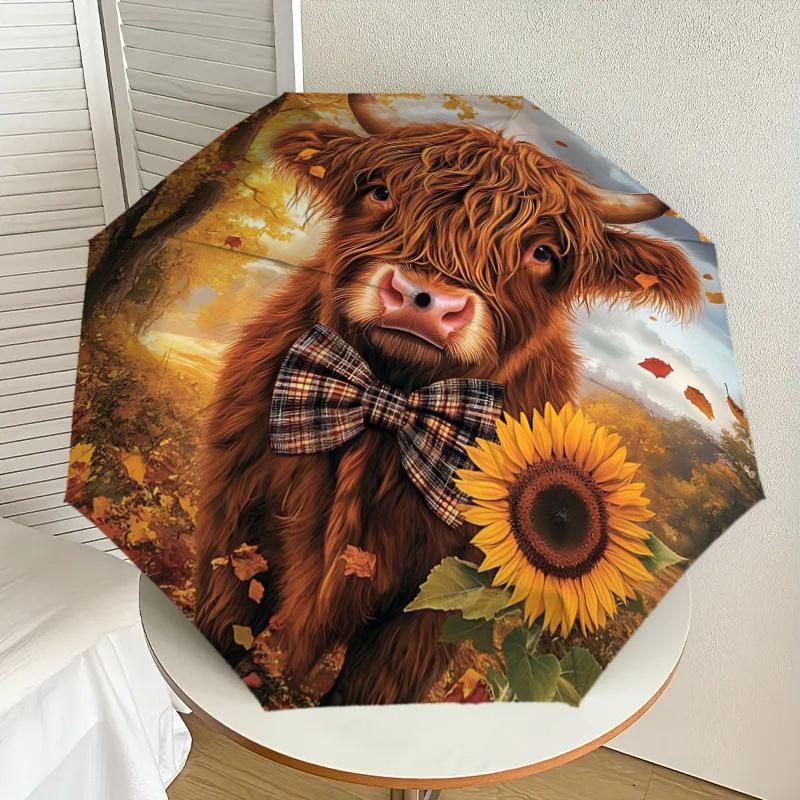 Autumn Bow Tie Highland Cow Sunflower Print Umbrella - Portable Folding Design, Iron Frame, Outdoor Rain Gear, Festival Gift for Fans, Trave
