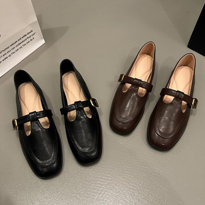 Ретро-лоферы женские весенне-летние туфли с одной педалью на плоской подошве, кожаные туфли Мэри Джейн на мягкой подошве