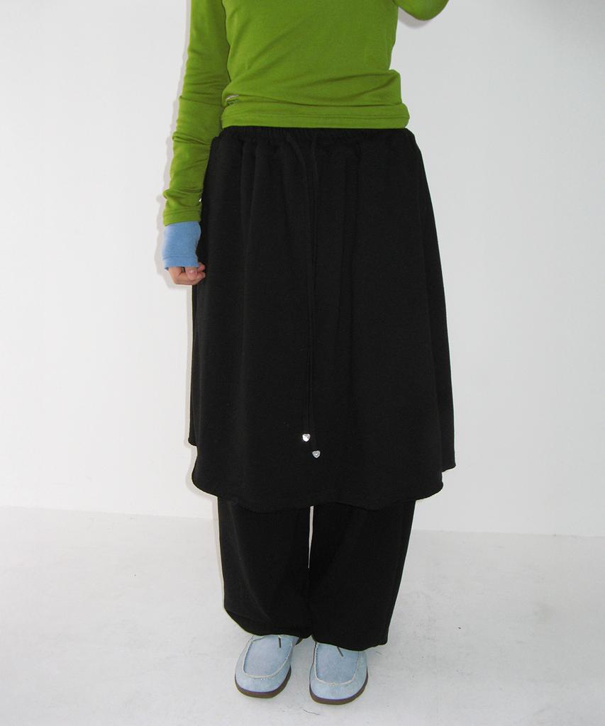 RONRON Layered Skirt Sweat Pants Black