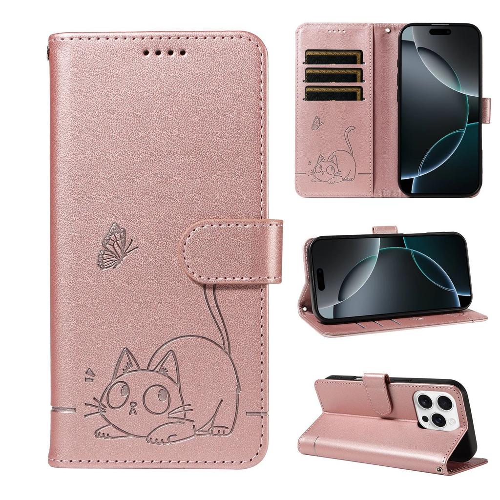 Leather Wallet Flip Case For OPPO Reno 15 Pro Max mini 15F 14 14F 13 13F 12 12F 11 11F 10 Cat and Butterfly Embossed,Wrist Strap