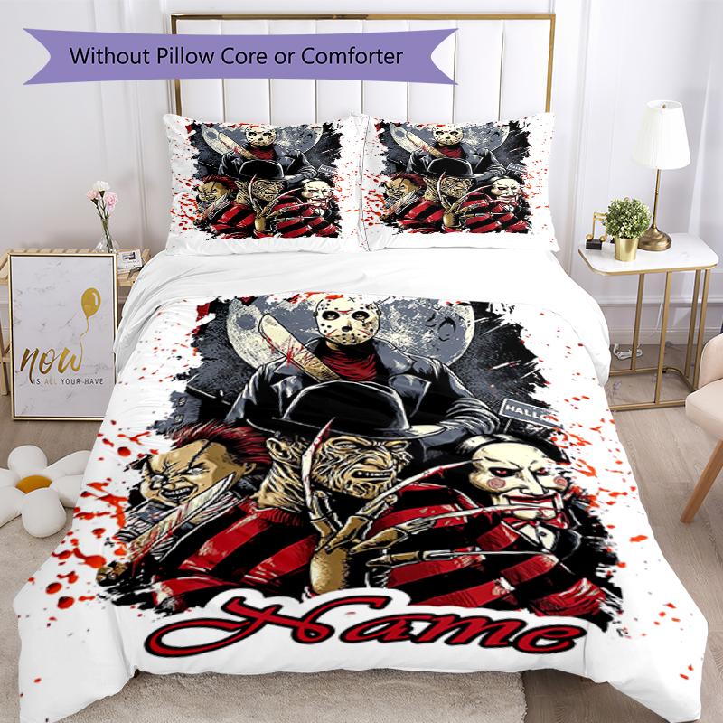3pcs Custom Name Halloween horror Bedding Set Duvet Cover Closure Includes 1 Duvet Cover & 2 Pillowcases, Soft and Comfortable for All Seasons.